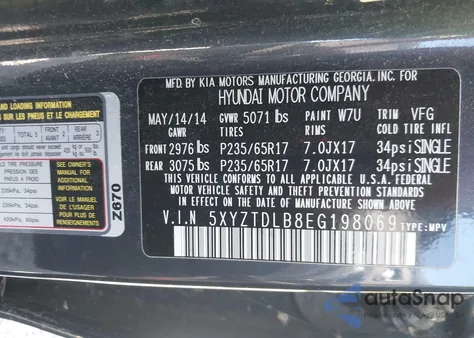 2014 Hyundai Santa Fe Sport 2.4L from USA, damaged, VIN 5XYZTDLB8EG198069